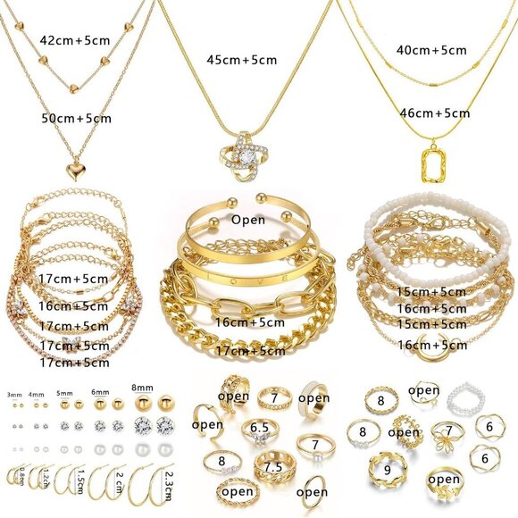 36 PC Gold Plated Jewelry Set with 4 Necklace, 11 Bracelet, 7 Ear Cuffs Earring, - Picture 7 of 8